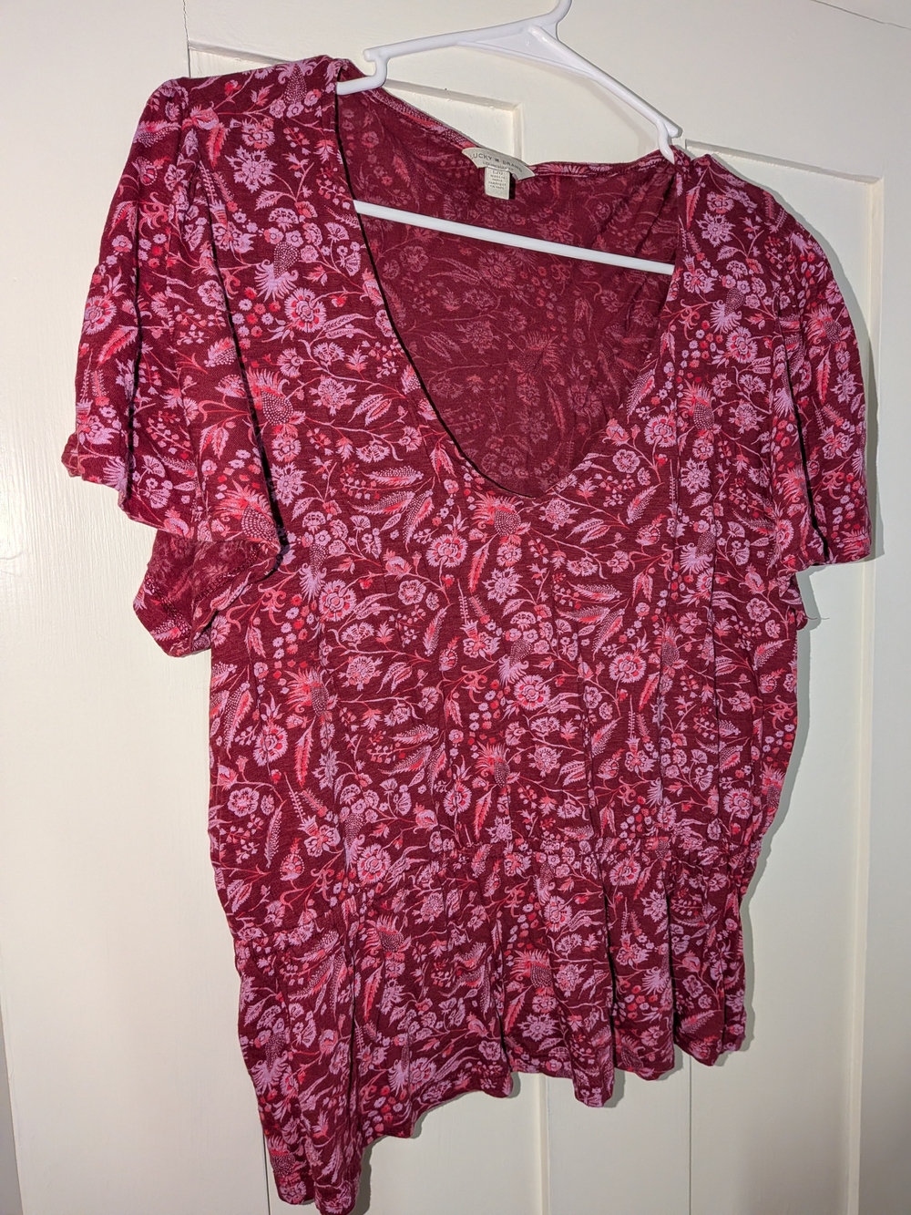 Lucky Brand Raspberry Floral V-Neck Short Sleeve Top